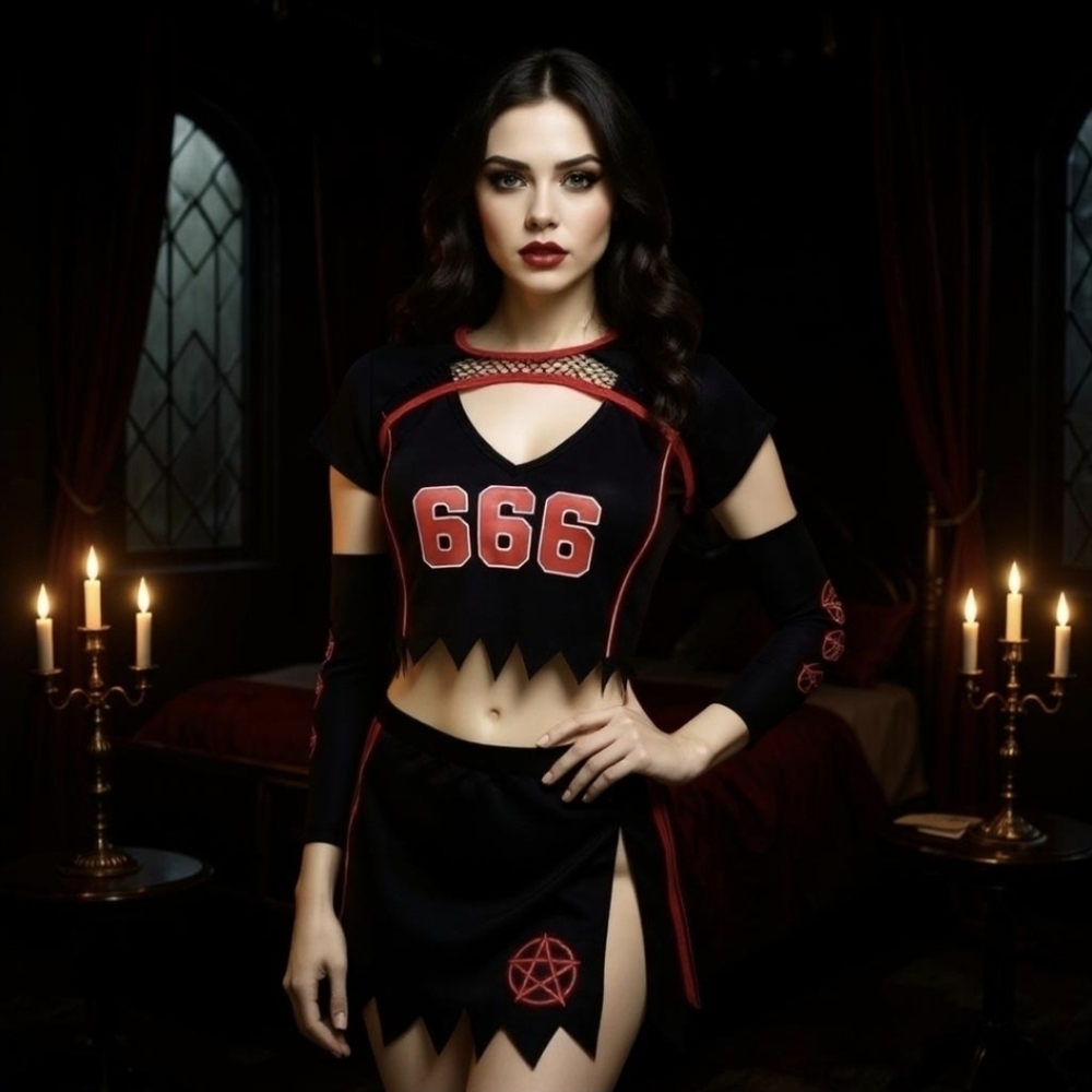 Trickz N’ Treatz ✦ Go Devils Cheer Set ✦ 666 Crop Top Fishnet Shrug Skirt NWT